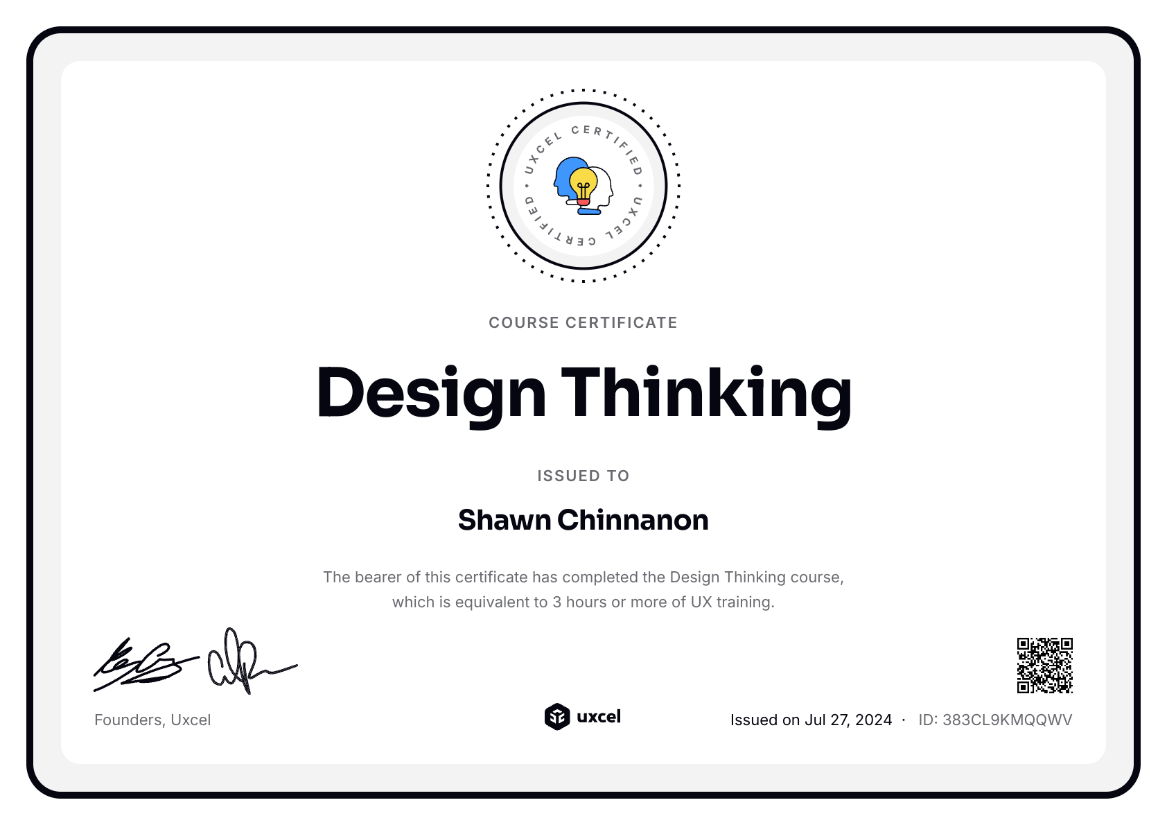 Shawn Chinnanon's certificate